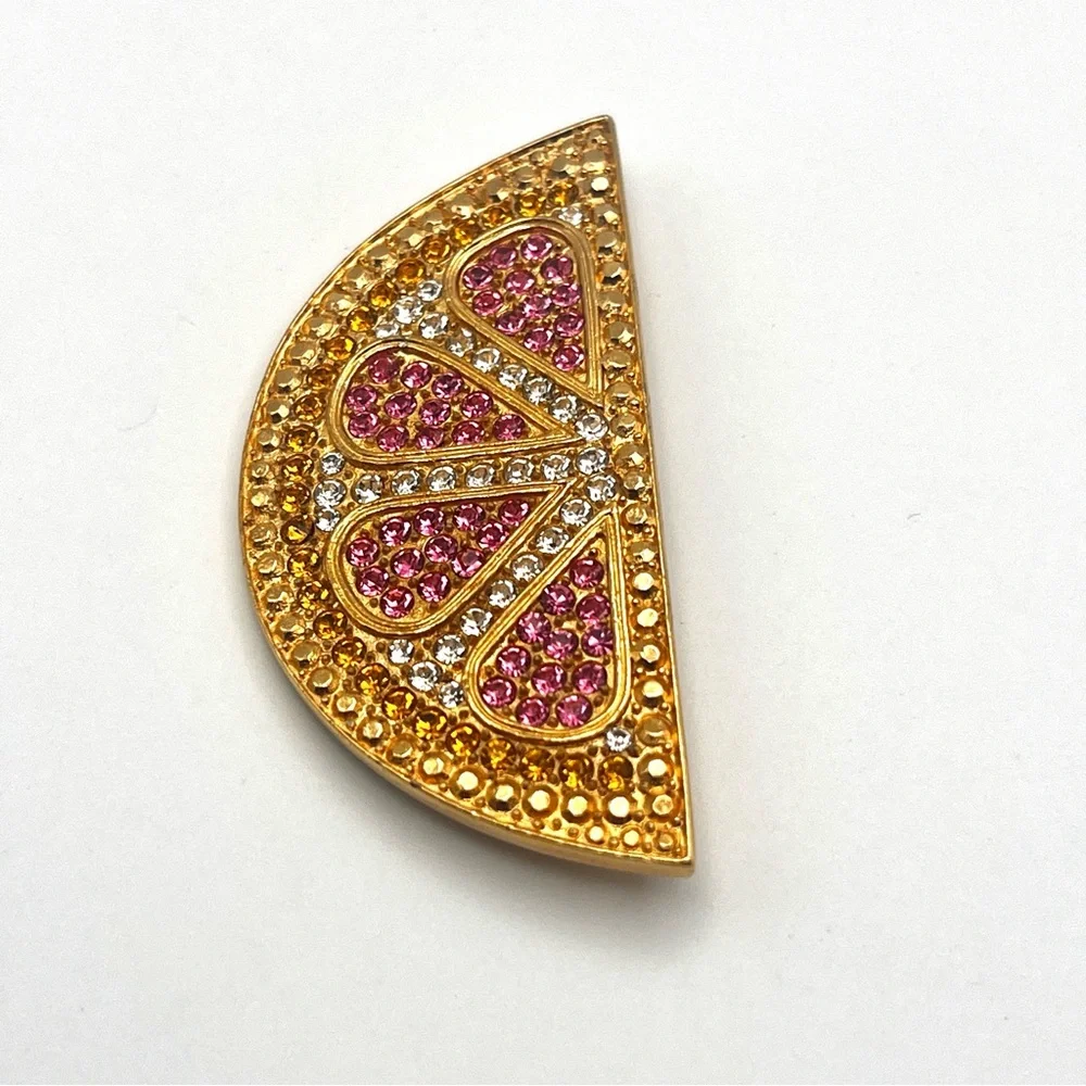 Vintage Carlisle Signed Swarovski Rhinestone Pink Gold Grapefruit Brooch - Picture 9 of 10